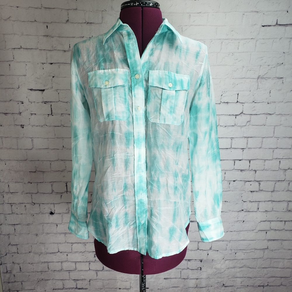 Lauren by Ralph Lauren PXS Silk button down shirt blue and white tie dye